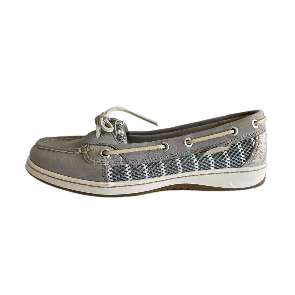 SPERRY TOP-SIDER Gray Silver Leather & Mesh BRETON Angelfish Boat Shoes Size 7.5